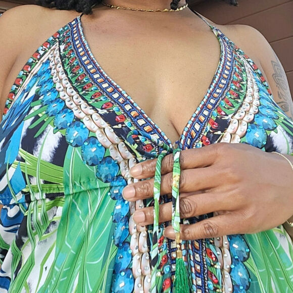 Dia Collection Embellished Tropical Halter Dress  XS/S Boho Handkerchief Fairy - Picture 3 of 10